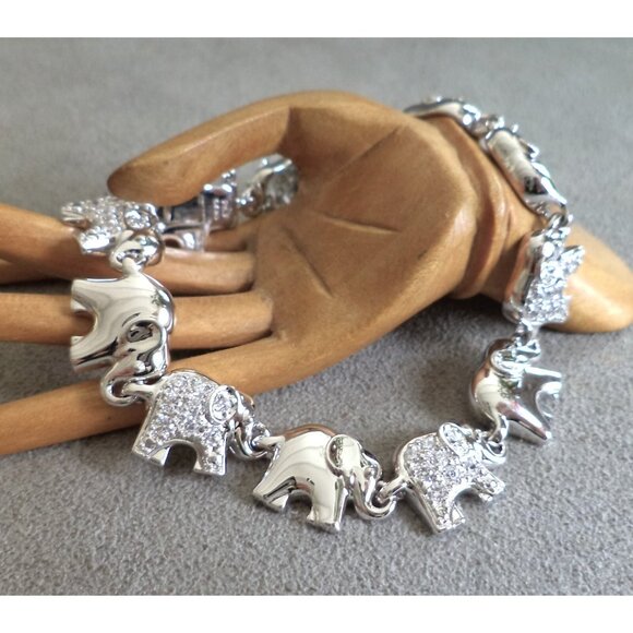 Vintage ELEPHANT Link STERLING Silver CZ BRACELET Signed PAJ Texture Shiny 7" - Picture 1 of 5
